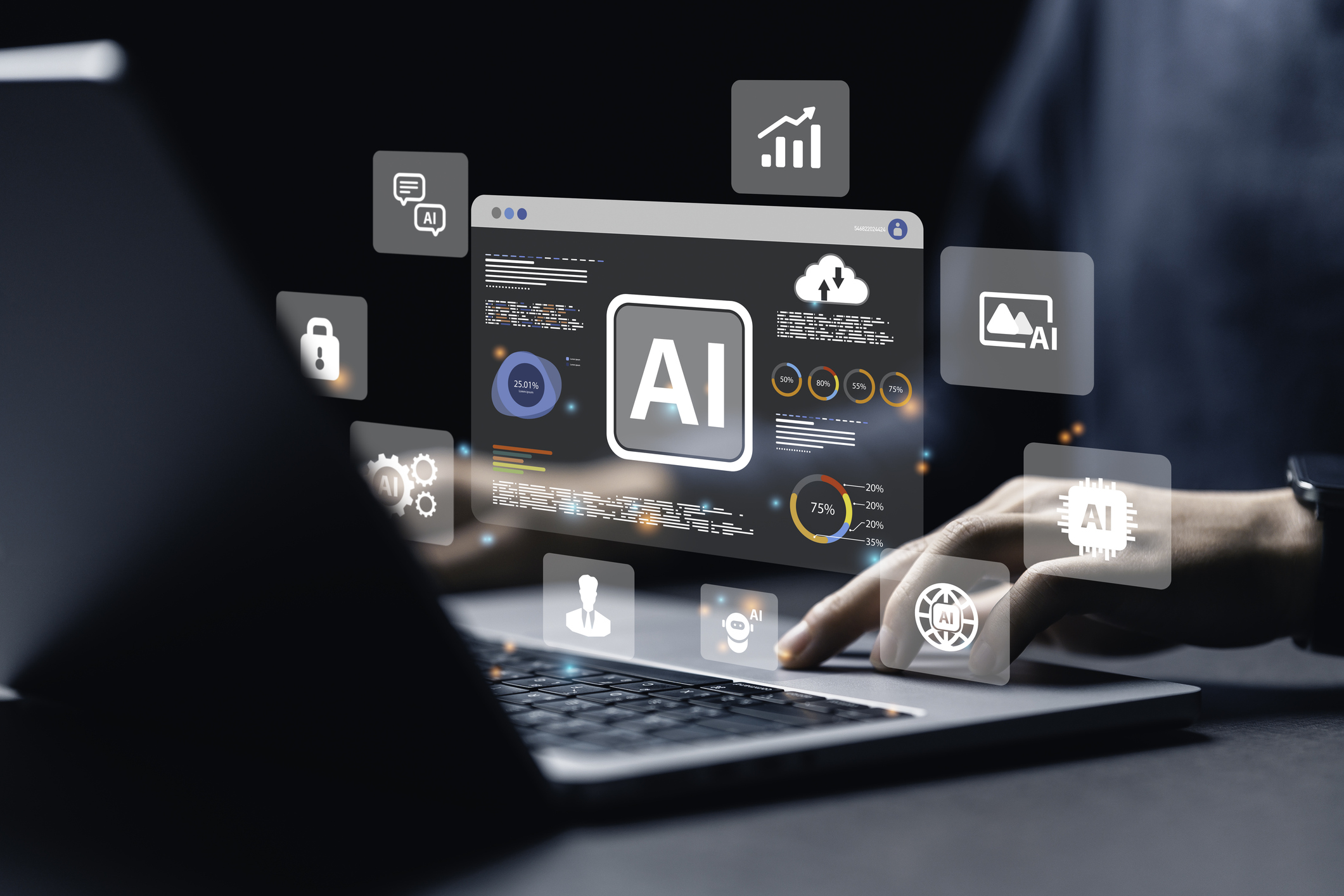 a data analyst using technology AI for working tool for data analysis Chatbot Chat with AI, using technology smart robot AI, artificial intelligence to generate something or Help solve work problems. Ai